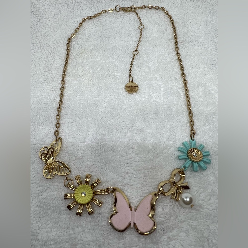 Isaac Mizrahi Gold Tone Necklace with Pink Butterfly and Floral Charms